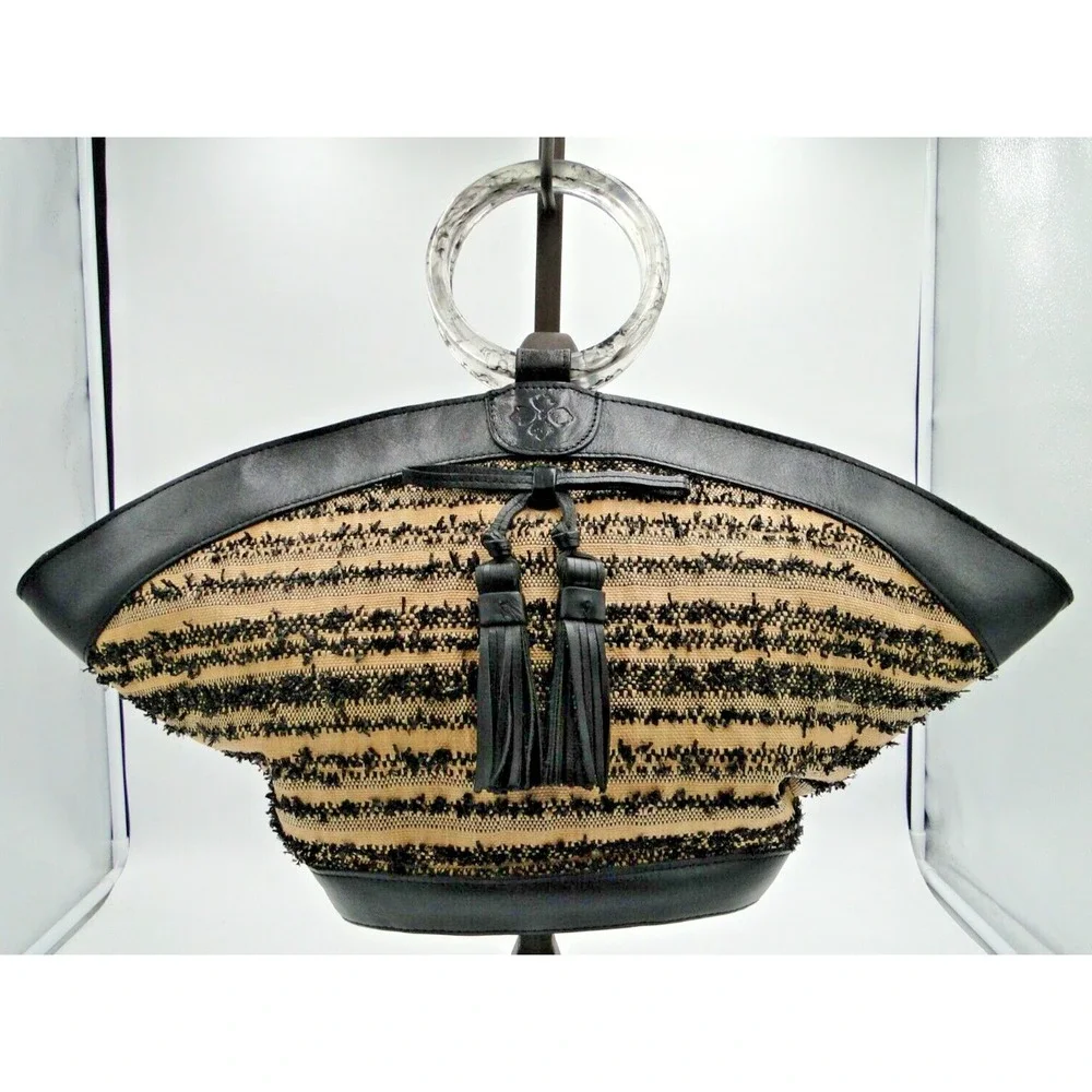 Patricia Nash Mandia Ebbe Woven Straw Leather Trim Large Satchel Lucite Ring Bag